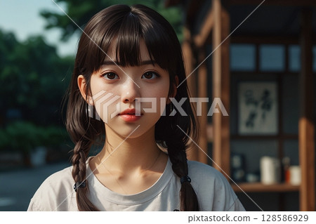 A young, beautiful woman with a Japanese-style room in an old house in the background 128586929