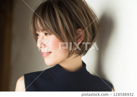 Smiling young woman with stylish short hair Smiling young woman with stylish short hair 128586932