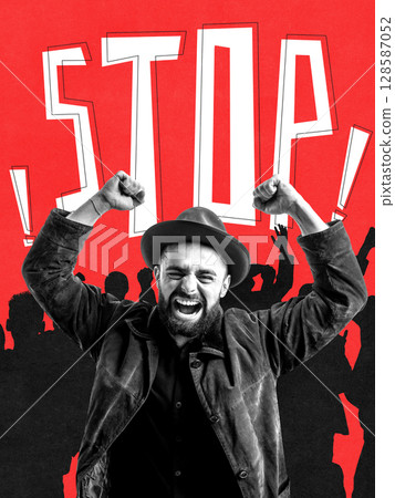 Bright composition of protesters with fists raised behind RESIST bars on red background 128587052