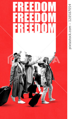 Bold poster collage of crowd holding signs and yelling under speech bubbles on bright red background 128587054