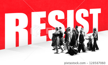 Collage of walking people in front of giant white RESIST sign on red background 128587060