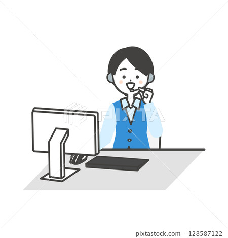 圖示為一名身穿制服的女操作員一邊檢查監視器，一邊透過對講機講話 128587122