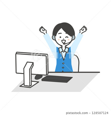 Illustration of a cheerful female operator in a uniform sitting at a computer desk Illustration of a cheerful female operator in a uniform sitting at a computer desk 128587124