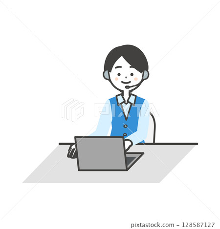 Illustration of a female operator in uniform operating a laptop computer 128587127