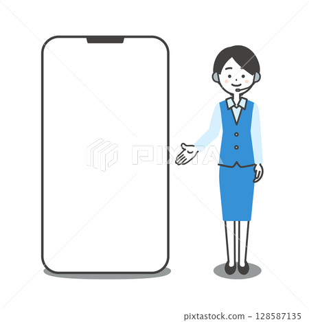 Illustration of a female operator in uniform pointing at a large smartphone Illustration of a female operator in uniform pointing at a large smartphone 128587135