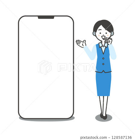 Illustration of a female operator in uniform talking while pointing at a large smartphone 128587136