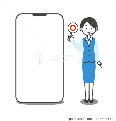 圖：一位身穿制服的女操作員在大型智慧型手機旁拿著正確答案卡 128587138