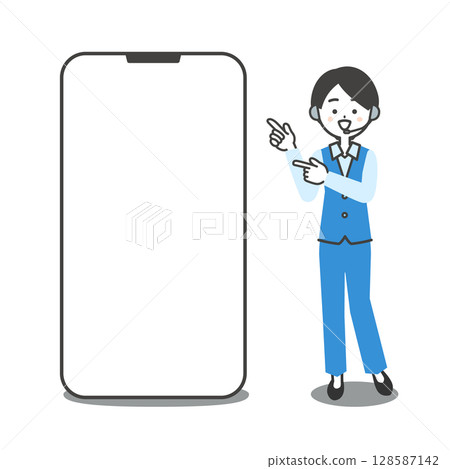 Illustration of a female operator in a pantsuit pointing at a large smartphone 128587142
