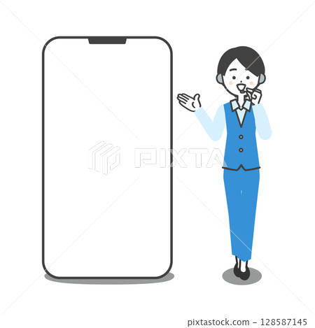 Illustration of a female operator in a pantsuit talking while pointing at a large smartphone Illustration of a female operator in a pantsuit talking while pointing at a large smartphone 128587145