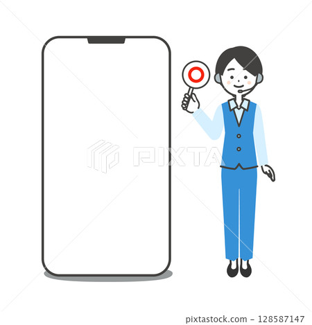 Illustration of a female operator in a pantsuit holding a correct answer card next to a large smartphone Illustration of a female operator in a pantsuit holding a correct answer card next to a large smartphone 128587147