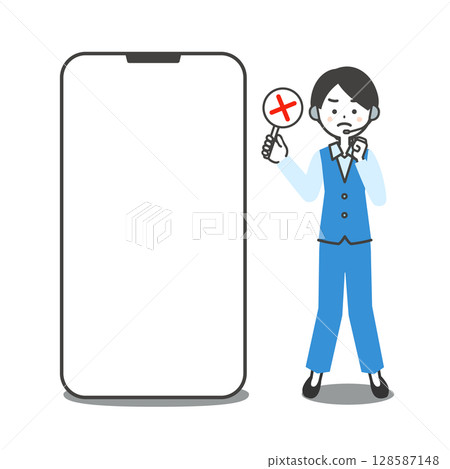 Illustration of a female operator in a pantsuit holding an incorrect answer card next to a large smartphone Illustration of a female operator in a pantsuit holding an incorrect answer card next to a large smartphone 128587148