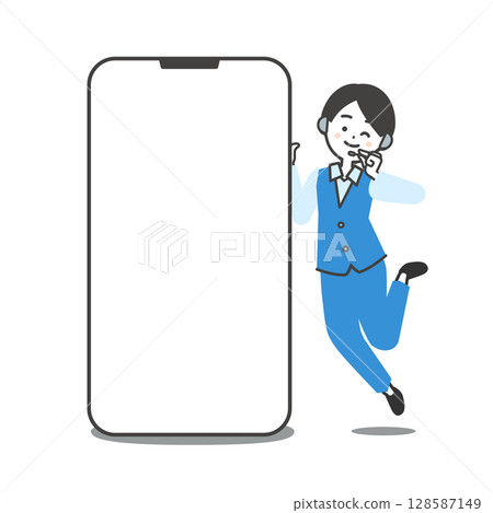 Illustration of a female operator in a pantsuit jumping next to a large smartphone Illustration of a female operator in a pantsuit jumping next to a large smartphone 128587149