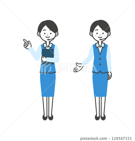 Illustration of a female operator in uniform pointing with her hand and finger Illustration of a female operator in uniform pointing with her hand and finger 128587151