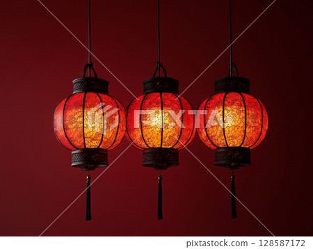 Glowing red traditional Chinese lanterns and lamps for celebration. Traditional Chinese red colored lanterns. AI Generated. 128587172