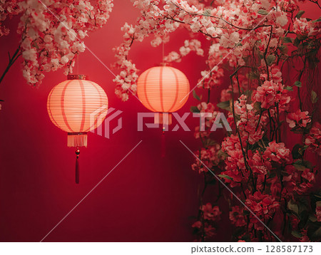 Chinese traditional red lantern decor with blossom flower. Chinese New Year decoration. AI Generated. 128587173