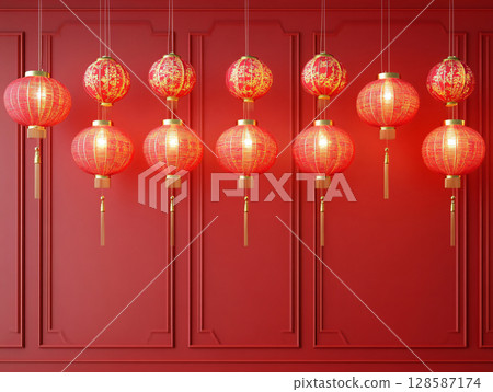 A group of red paper Chinese lanterns hangs and glows together on red background. AI Generated. 128587174