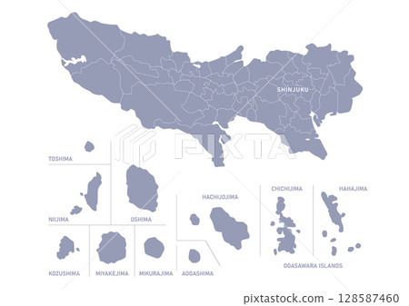 Gray map of Tokyo with administrative divisions (islands) 128587460