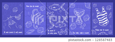 Mediterranean blue Posters set. la dolce vita. Isolated outline Hand drawing with Italian beach quotes. Vector Vintage Summer vacation vertical Postcard with sea animal, drink, swimsuit, shell. Not AI 128587483
