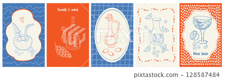 Mediterranean beach Posters set. Dolce vita aesthetics hand drawing. Isolated outline Vector Vintage Summer vertical cards with coconut tropical cocktail, olive oil, wine, lemonade, limoncello. Not AI Mediterranean beach Posters set. Dolce vita aesthetics hand drawing. Isolated outline Vector Vintage Summer vertical cards with coconut tropical cocktail, olive oil, wine, lemonade, limoncello. Not AI 128587484