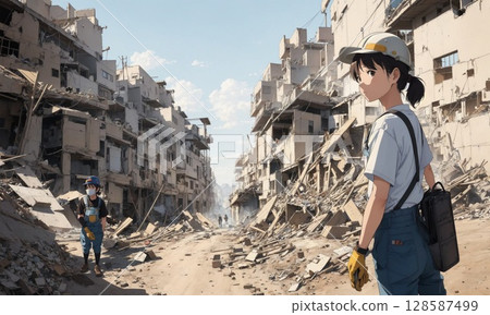 Disaster response staff working to restore a destroyed city Disaster response staff working to restore a destroyed city 128587499