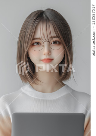 戴眼鏡的年輕女性拿著筆記型電腦的商務場景素材 128587517