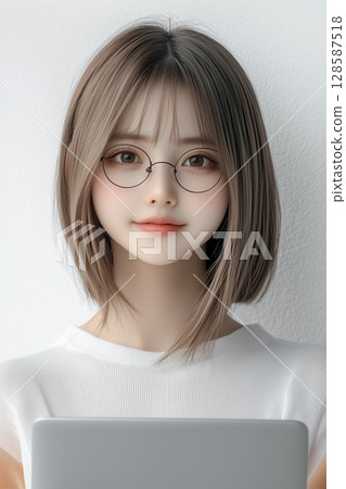 一位戴眼鏡的年輕女性拿著筆記型電腦的商務場景素材 128587518