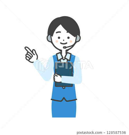 一名身穿制服的女操作員手持文件並指著 一名身穿制服的女操作員手持文件並指著 128587536