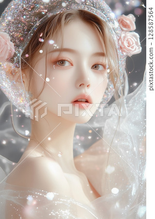 性感的年輕女子被神奇的光芒包圍 128587564
