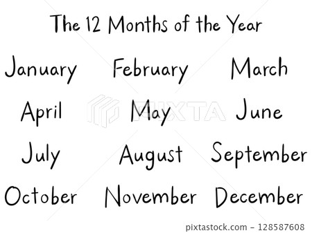 Handwritten English month names set (12 months) in felt tip pen style | Black 128587608