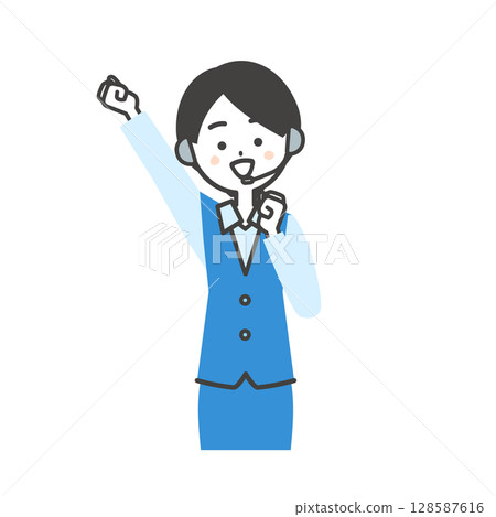 一名身穿制服的女操作員舉起拳頭並揮舞拳頭的插圖 128587616