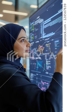 Hijabi woman presenting AI project results in sleek modern office with analytics dashboards and detailed textures. Data scientist 128587639