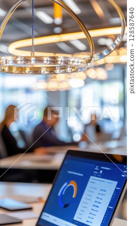 Senior data analyst presents churn prediction model in modern office meeting. Data scientist 128587640