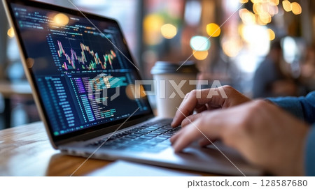 Young data scientist working on a laptop at a trendy cafe table near a window with visible charts and code on screen. Data scientist 128587680