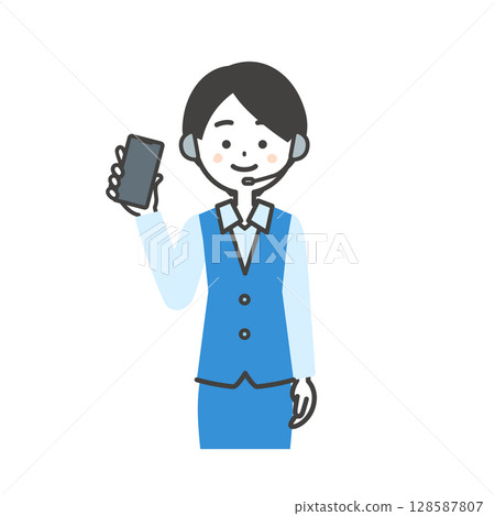 Illustration of a female operator in uniform pointing the smartphone screen towards you 128587807