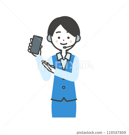 Illustration of a female operator in uniform holding a smartphone and pointing with her hand 128587809