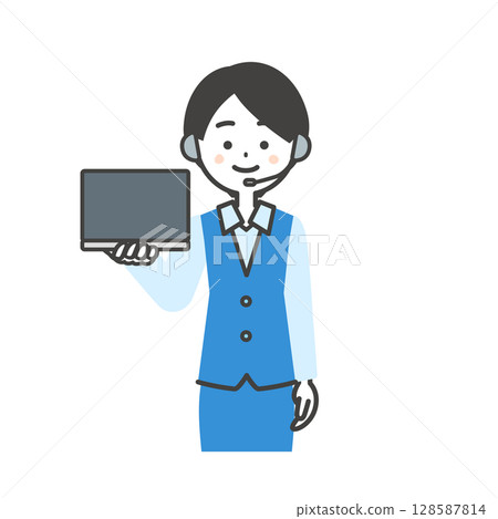 Illustration of a female operator in uniform holding a laptop 128587814