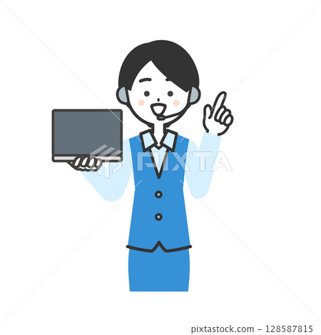 Illustration of a female operator in uniform holding a laptop and pointing up Illustration of a female operator in uniform holding a laptop and pointing up 128587815