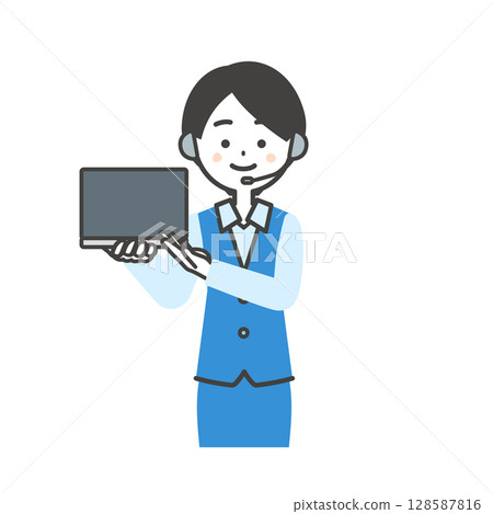 Illustration of a female operator in uniform pointing at a laptop Illustration of a female operator in uniform pointing at a laptop 128587816