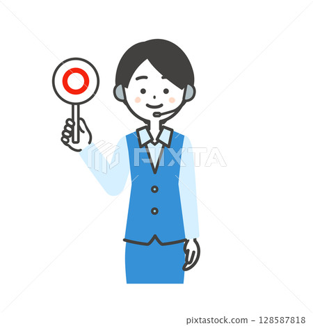 Illustration of a female operator in uniform holding a correct answer card 128587818