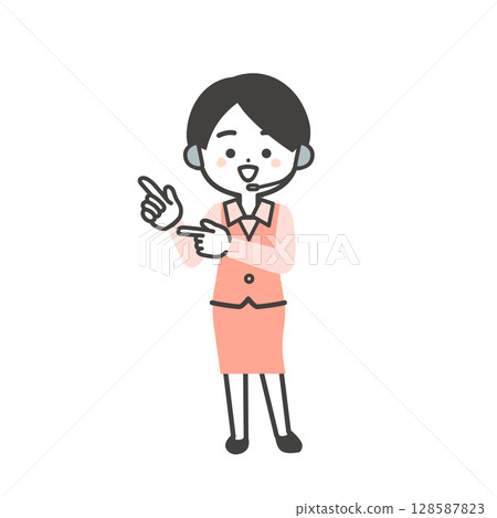 Illustration of a three-dimensional female operator in uniform pointing with both hands 128587823
