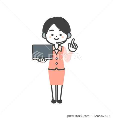 Illustration of a three-dimensional female operator in a uniform holding a laptop and pointing up 128587828