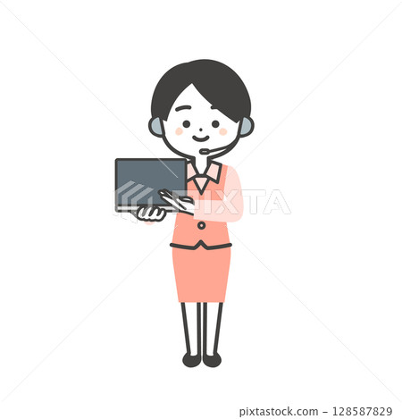 Illustration of a three-dimensional female operator in a uniform holding a laptop and pointing 128587829