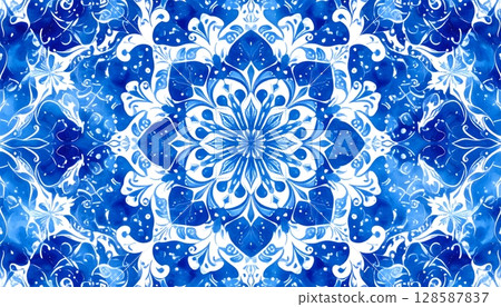 Abstract Blue and White Floral Mandala Design 128587837