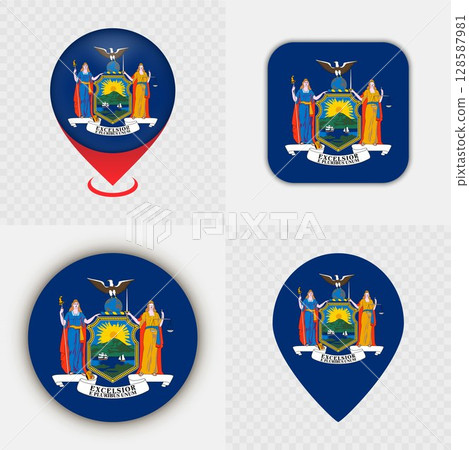Set of New York State Flag Icons and Map Pins. 128587981