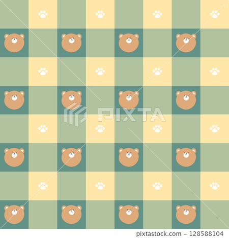seamless minimal bear repeat pattern in green and yellow color plaid checkered background, flat jpg illustration graphic design 128588104