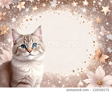 閃閃發光的裝飾、鮮花和貓 128588172