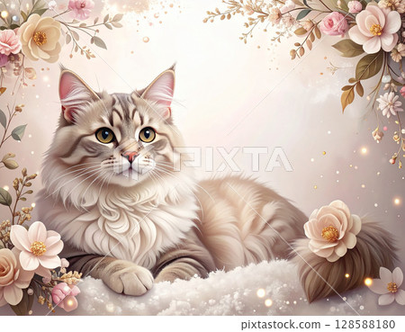 閃閃發光的裝飾、鮮花和貓 128588180