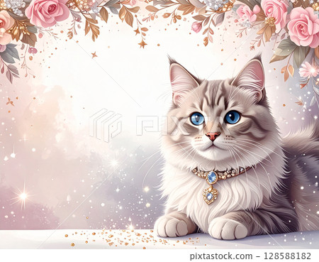 閃閃發光的裝飾、鮮花和貓 128588182