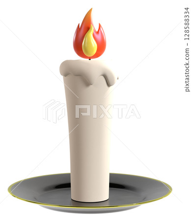 3D illustration of a simple candle gently burning on a plate 128588334