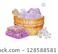 Watercolor illustration. Spa salon, bathhouse Bath with brush and towel. The towel is purple. There is a white towel in the bath. White background for cards, banners, invitations 128588581